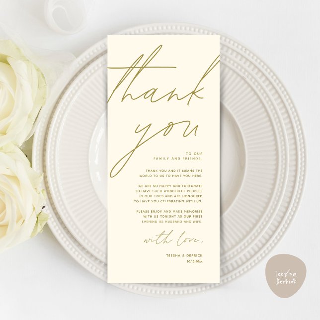 Minimalistische Hochzeitsplatteinstellung Dankesch Programm (Wedding Place Setting Thank You Card, Modern Minimalist Clean, Yellow Gold)