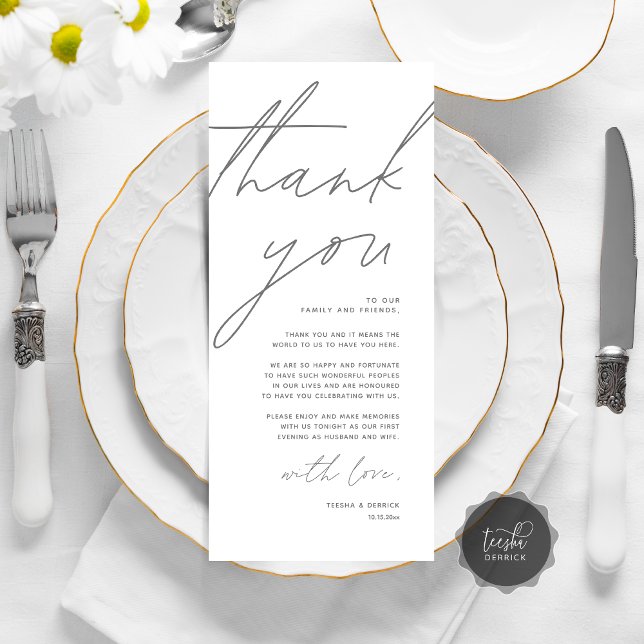 Minimalistische Hochzeitsplatteinstellung Dankesch Programm (Wedding Place Setting Thank You Card, Modern Minimalist Clean, Dark Grey)