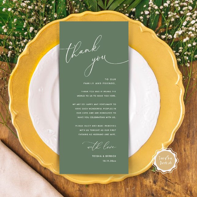 Minimalistische Hochzeitsplatz-Karten-Dankeschön-K Programm (Welcome n Thanks Wedding Reception Dinner Brunch Lunch Thank You Card in Sage Green)