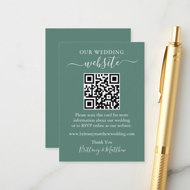 Minimalistische Hochzeitsseite QR Eukalyptus Green Begleitkarte (Vorderseite/Rückseite Beispiel)