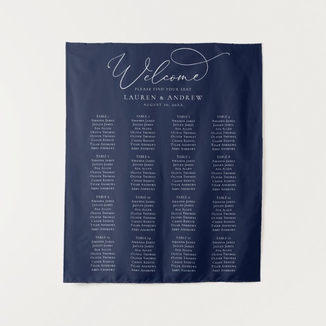 Minimalistische Hochzeitstabelle für Navy Blue Wandteppich (Vorderseite)