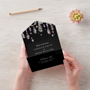 Minimalistische Holographic Glitzer Tropfens Black All In One Einladung
