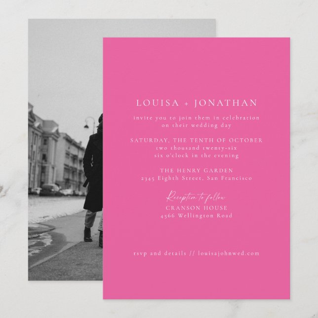Minimalistische Hot-Pink-Foto-Hochzeit Einladung (Vorne/Hinten)