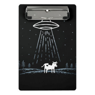 Minimalistische Illustration eines UFOs, das eine Mini Klemmbrett
