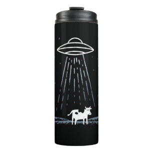 Minimalistische Illustration eines UFOs, das eine Thermosbecher