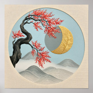 Minimalistische japanische Kirschblüten-Mondlandsc Poster