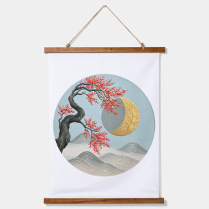 Minimalistische japanische Kirschblüten-Mondlandsc Wandteppich Mit Holzrahmen