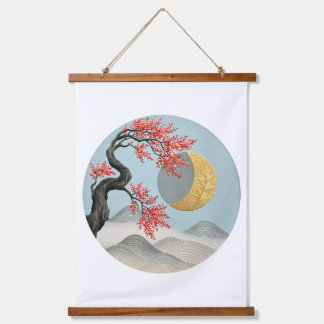 Minimalistische japanische Kirschblüten-Mondlandsc Wandteppich Mit Holzrahmen