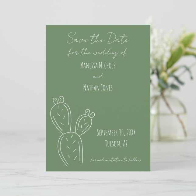 Minimalistische Kakteen Sage Green White Save The Date (Stehend Vorderseite)