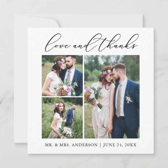 Minimalistische Kalligrafie 3 Foto Hochzeit Liebe  Dankeskarte (Vorderseite)