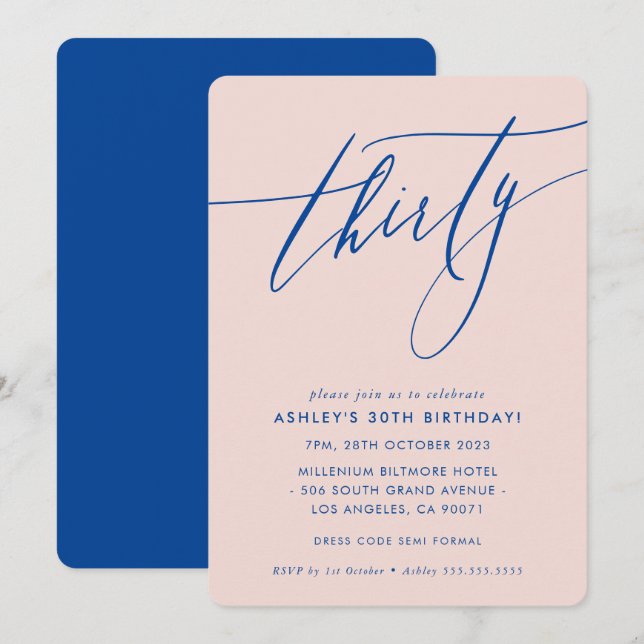 MINIMALISTISCHE Kalligrafie-Chic 30. Party Blau Einladung (Vorne/Hinten)