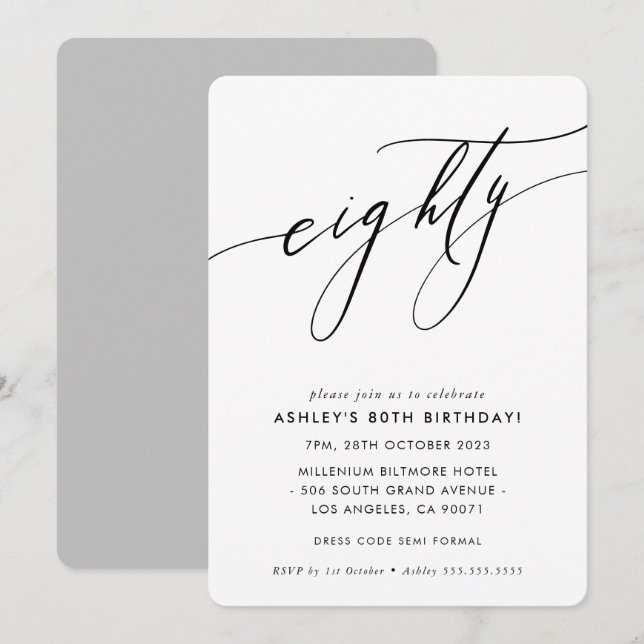 MINIMALISTISCHE Kalligrafie chic stilvoll 80. Gebu Einladung (Vorne/Hinten)