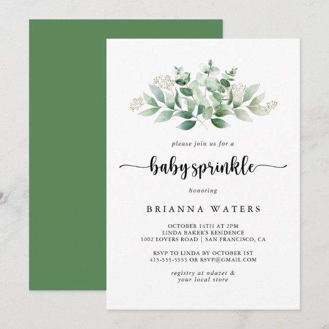 Minimalistische Kalligrafie Eucalyptus Baby Sprink Einladung (Vorne/Hinten)