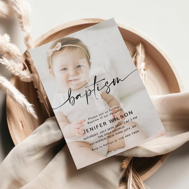 Minimalistische Kalligrafie Foto Baby-Taufe Einladung (Von Creator hochgeladen)