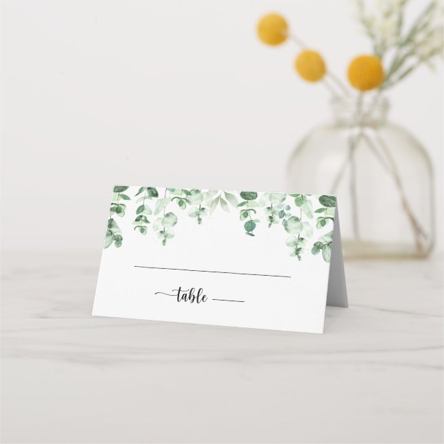 Minimalistische Kalligrafie-Grüne Eukalyptus-Hochz Platzkarte (Vorderseite)
