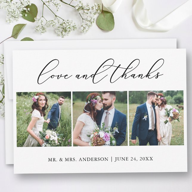 Minimalistische Kalligrafie Hochzeit 3 Fotos Liebe Dankeskarte (Customize to add text or more photos to back of card.)