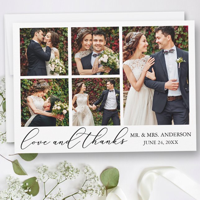 Minimalistische Kalligrafie Hochzeit 5 Foto Liebe Dankeskarte (Customize to add text or more photos to back of card.)