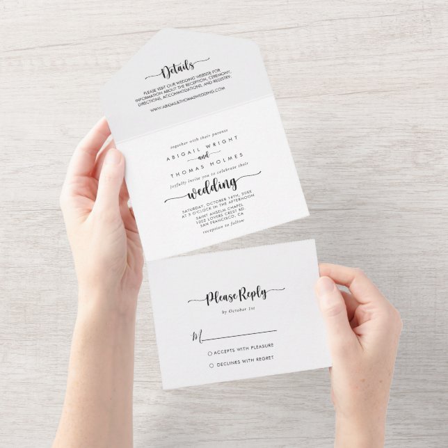 Minimalistische Kalligrafie-Hochzeit All In One Einladung (Abreißen)