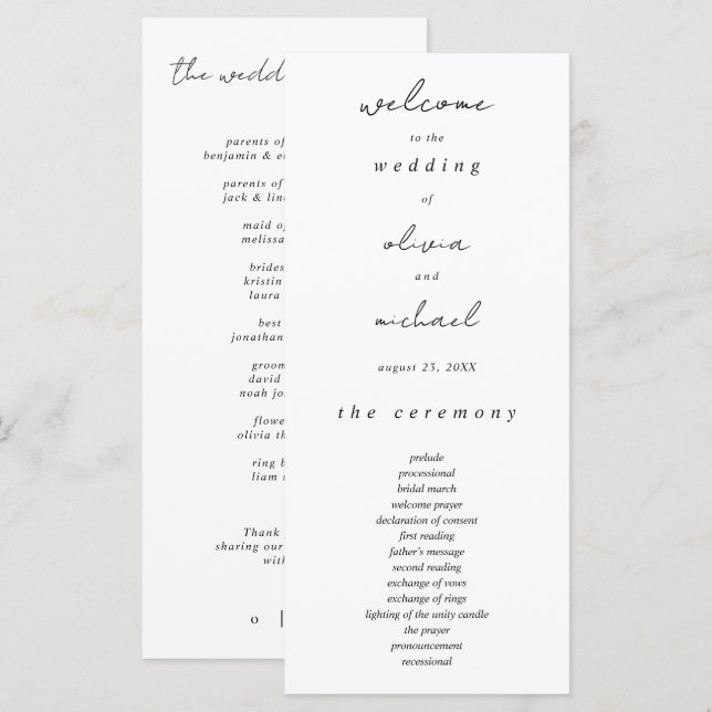 Minimalistische Kalligrafie-Hochzeitsprogramm Programm (Vorne/Hinten)