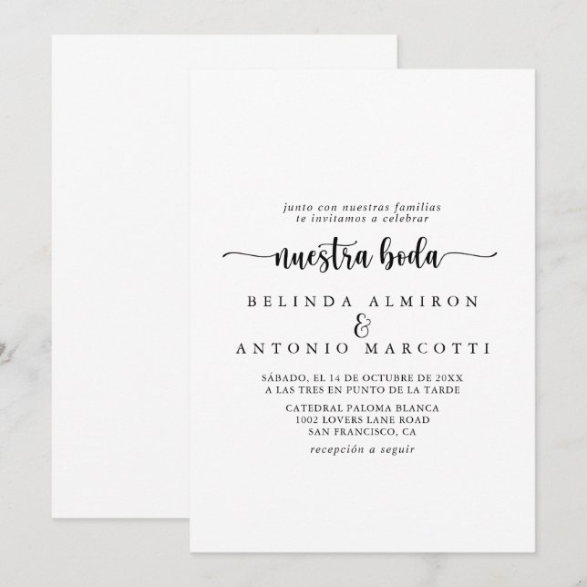 Minimalistische Kalligrafie Nuestra Boda Wedding Einladung (Vorne/Hinten)