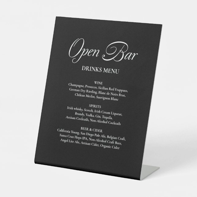 Minimalistische Kalligrafie Open Bar Black Wedding Sockelschild (Vorderseite)