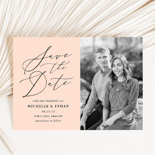Minimalistische Kalligrafie-Schrift Pfirsich-Foto Save The Date