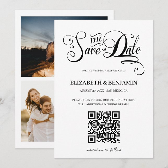 Minimalistische Kalligrafie-Schrift QR-Code 3 Foto Save The Date (Vorne/Hinten)