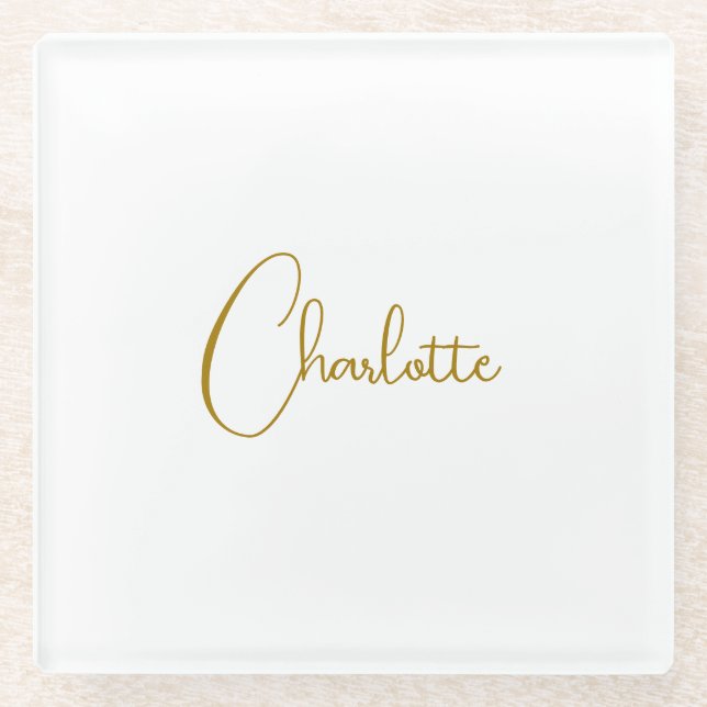 Minimalistische Kalligrafie-Skriptname Gold-Farbe Glasuntersetzer (Vorderseite)