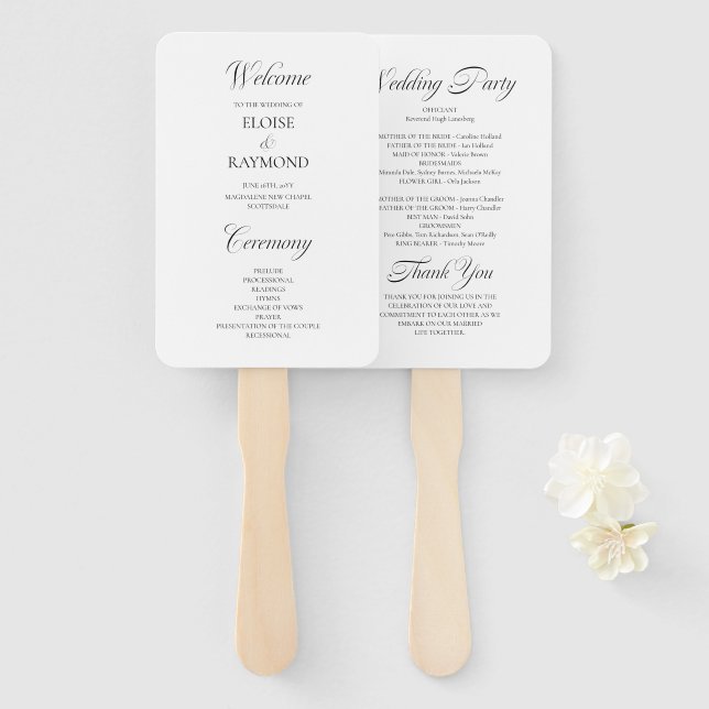 Minimalistische Kalligrafie-White-Wedding Fächer (Vorne und Hinten)