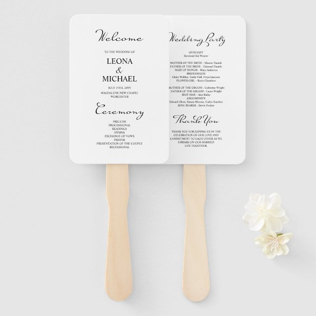 Minimalistische Kalligrafie-White-Wedding Fächer (Vorne und Hinten)