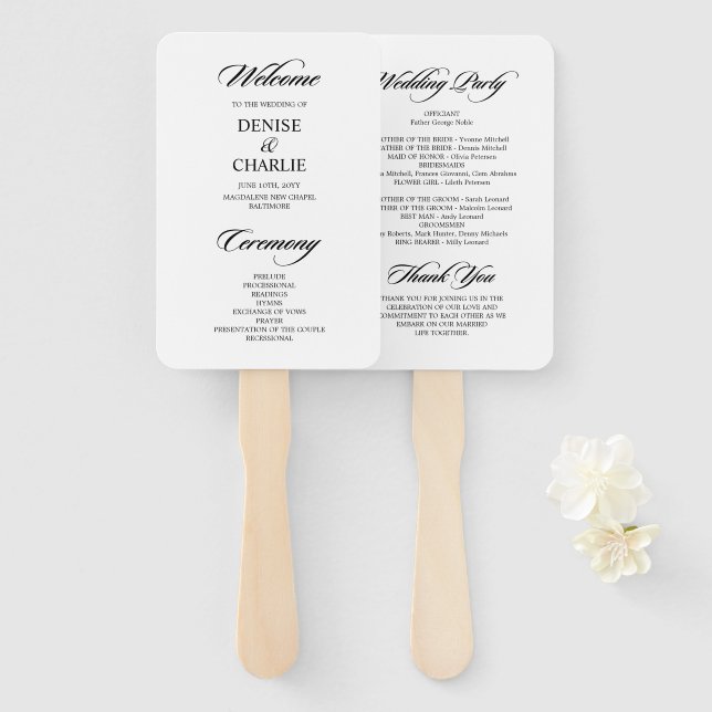 Minimalistische Kalligrafie-White-Wedding Fächer (Vorne und Hinten)