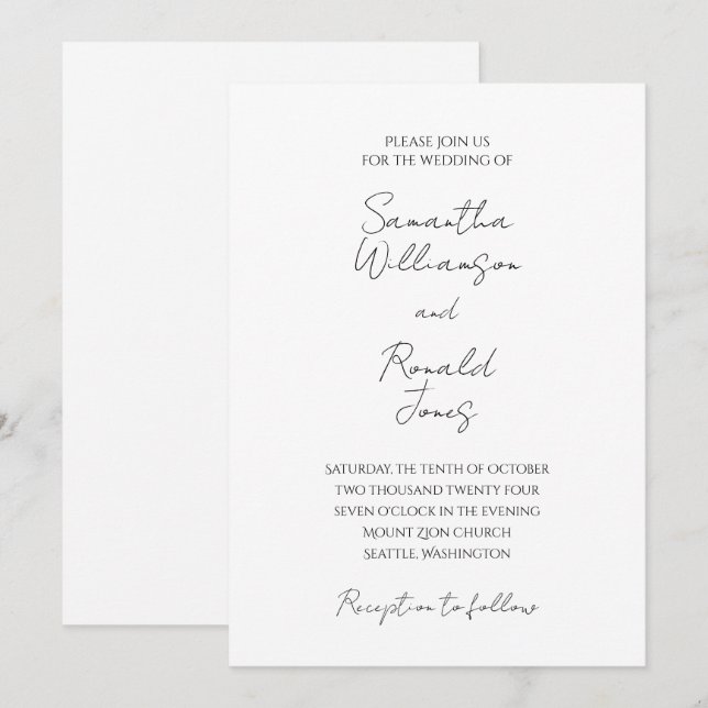 Minimalistische Kalligraphie-Hochzeit in Weiß und  Einladung (Vorne/Hinten)