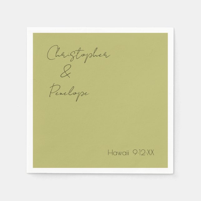 Minimalistische Kalligraphie Olivenöl Grüne Hochze Serviette (Vorderseite)