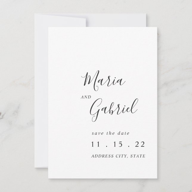 Minimalistische Kalligraphie Schwarz-weiße Hochzei Save The Date (Vorderseite)