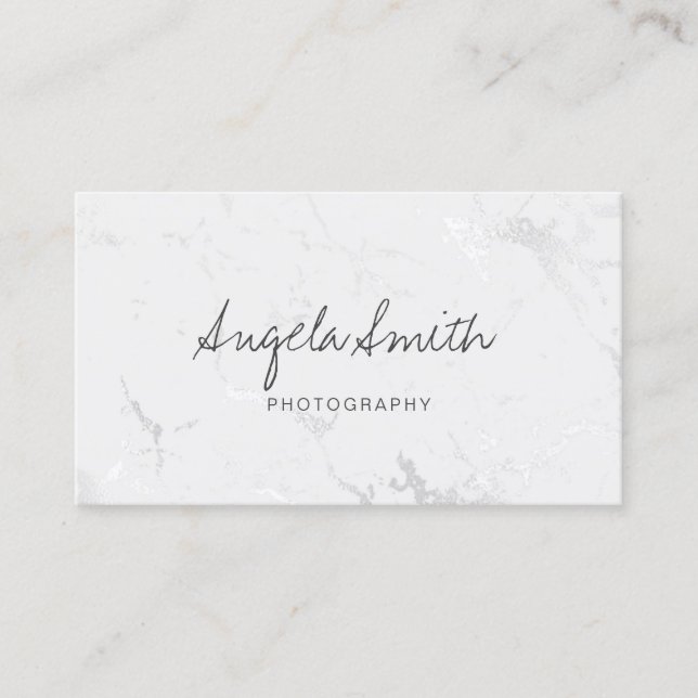 Minimalistische Kalligraphie Silberweißer Foil-Mar Visitenkarte (Vorderseite)