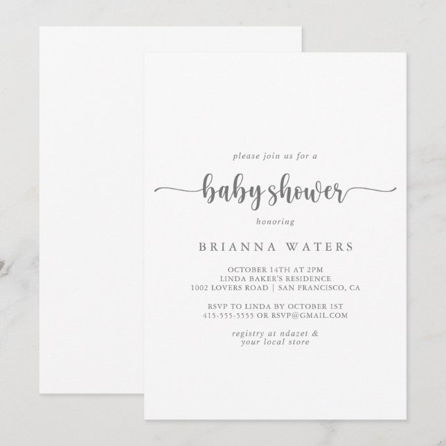 Minimalistische Kalligraphie Silver Baby Dusche Einladung (Vorne/Hinten)