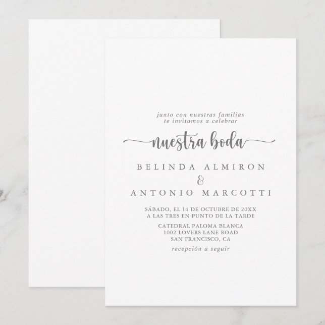 Minimalistische Kalligraphie Silver Nuestra Boda Einladung (Vorne/Hinten)