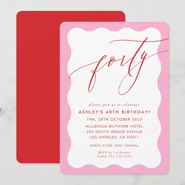 MINIMALISTISCHE Kalligraphie Welle 40. Party rosa  Einladung (Vorne/Hinten)