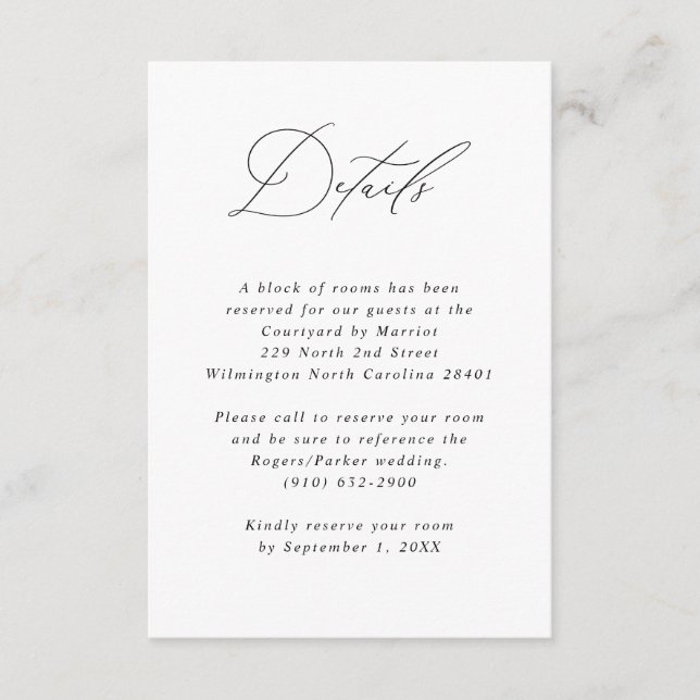 Minimalistische kalligraphische Hochzeitgastinform Begleitkarte (Vorderseite)