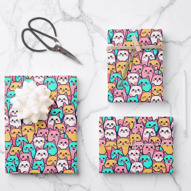 Minimalistische Katzen in mehrfarbigen Pastellfarb Geschenkpapier Set (Vorderseite)
