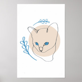 Minimalistische Katzenlinie mit blauen Augen in Li Poster