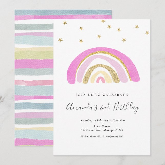 Minimalistische Kid's Rainbow Birthday Einladung (Vorne/Hinten)