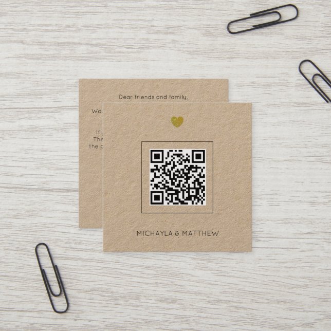 Minimalistische Kraft QR Code Hochzeitsempfehlung Quadratische Visitenkarte (Vorderseite/Rückseite Beispiel)