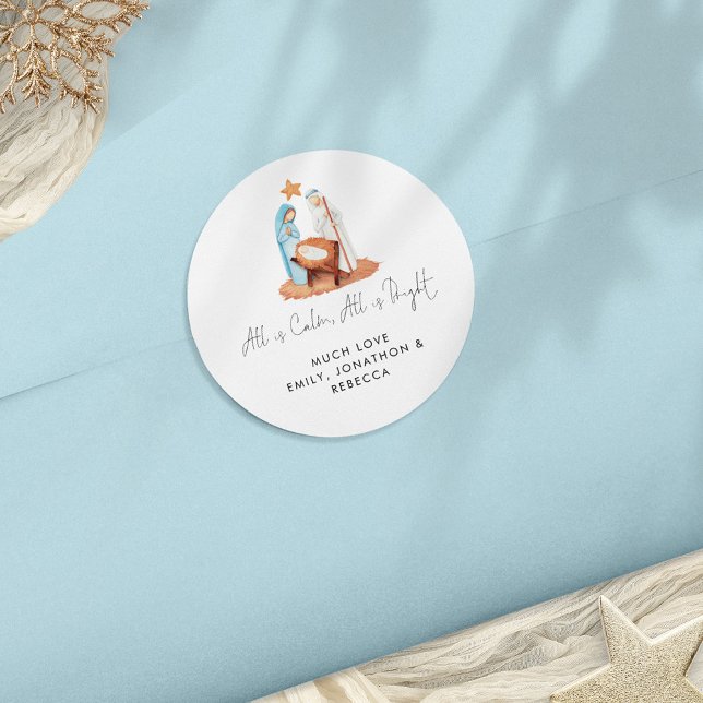 Minimalistische Krippenlandschaft ist alles ein ru Runder Aufkleber (Minimalist nativity scene sticker for your gift wrapping)