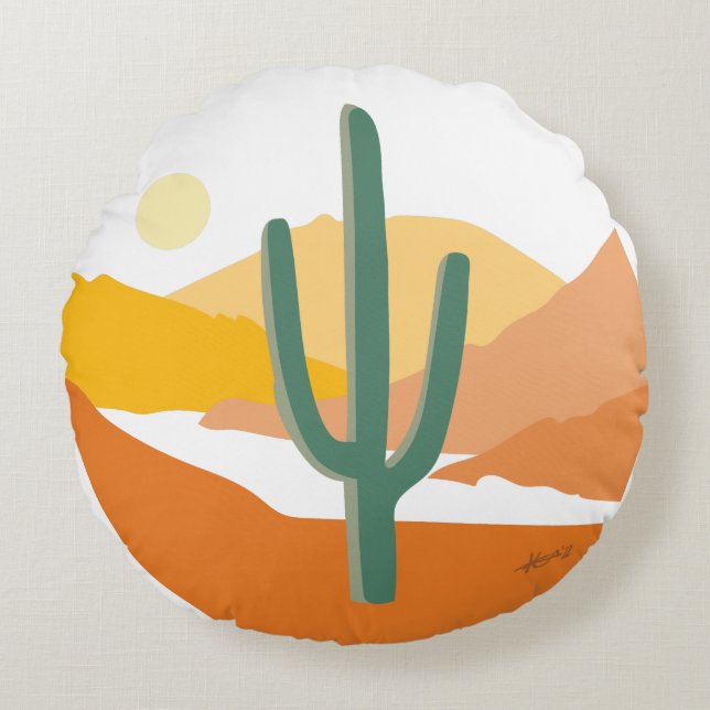 Minimalistische Landschaft der Wüste Saguaro Rundes Kissen (Vorderseite)
