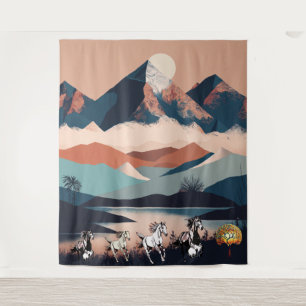Minimalistische Landschaftsberge und Running Horse Wandteppich