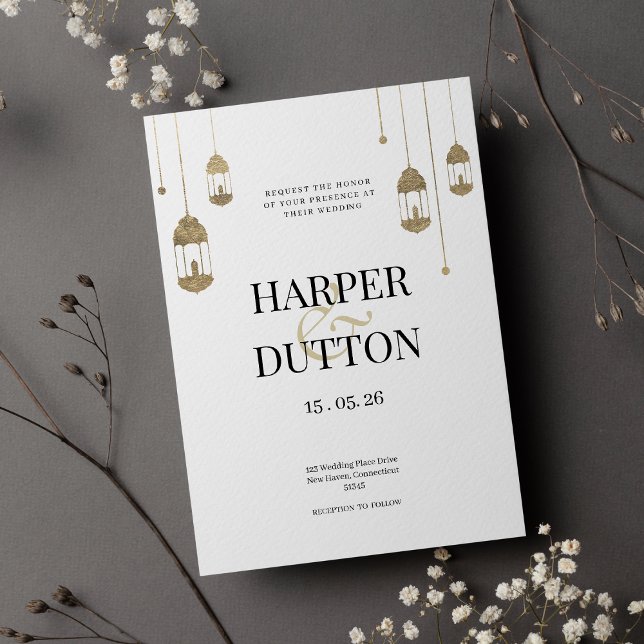 Minimalistische Laternen Einladung (Minimalist white and gold lantern lights wedding invitation )