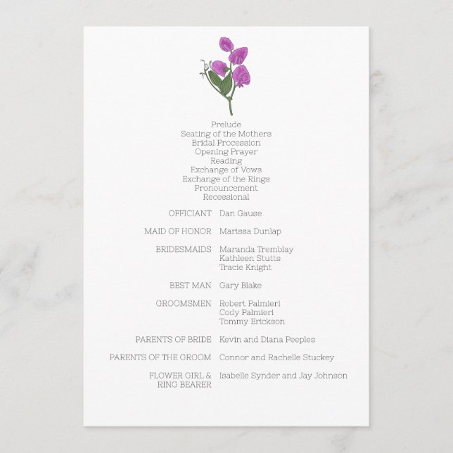 Minimalistische Lathyrus-Hochzeit Programm (Vorderseite)