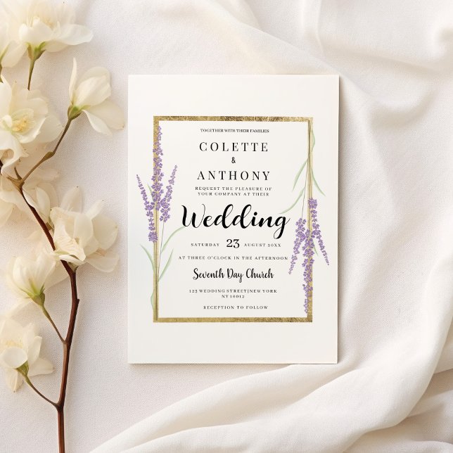 Minimalistische Lavendelblütenhochzeit Einladung (Minimalist lavender white gold floral Wedding )
