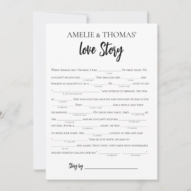 Minimalistische Liebe Story Bridal Libs Game Card Einladung (Vorderseite)